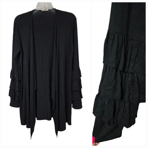 Oddi Black Tiered Ruffle Sleeve Open Front Drapey Cardigan Women's Jersey Knit - Picture 1 of 10